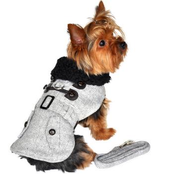 Grey Herringbone Sherpa-Lined Dog Harness Coat