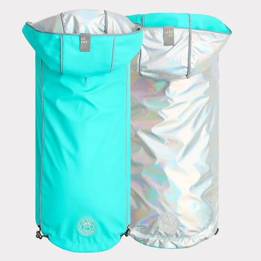 Reversible Dog Raincoat | Neon Aqua & Iridescent